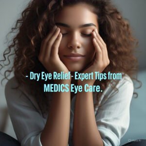 A close-up of a person with dry eyes applying eye drops to relieve irritation.